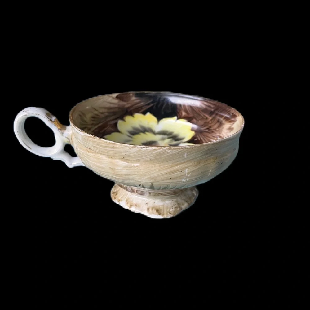 Saji Wild Cactus Yellow Flower Brown Tea Cup Saucer Made in Japan Hand Painted